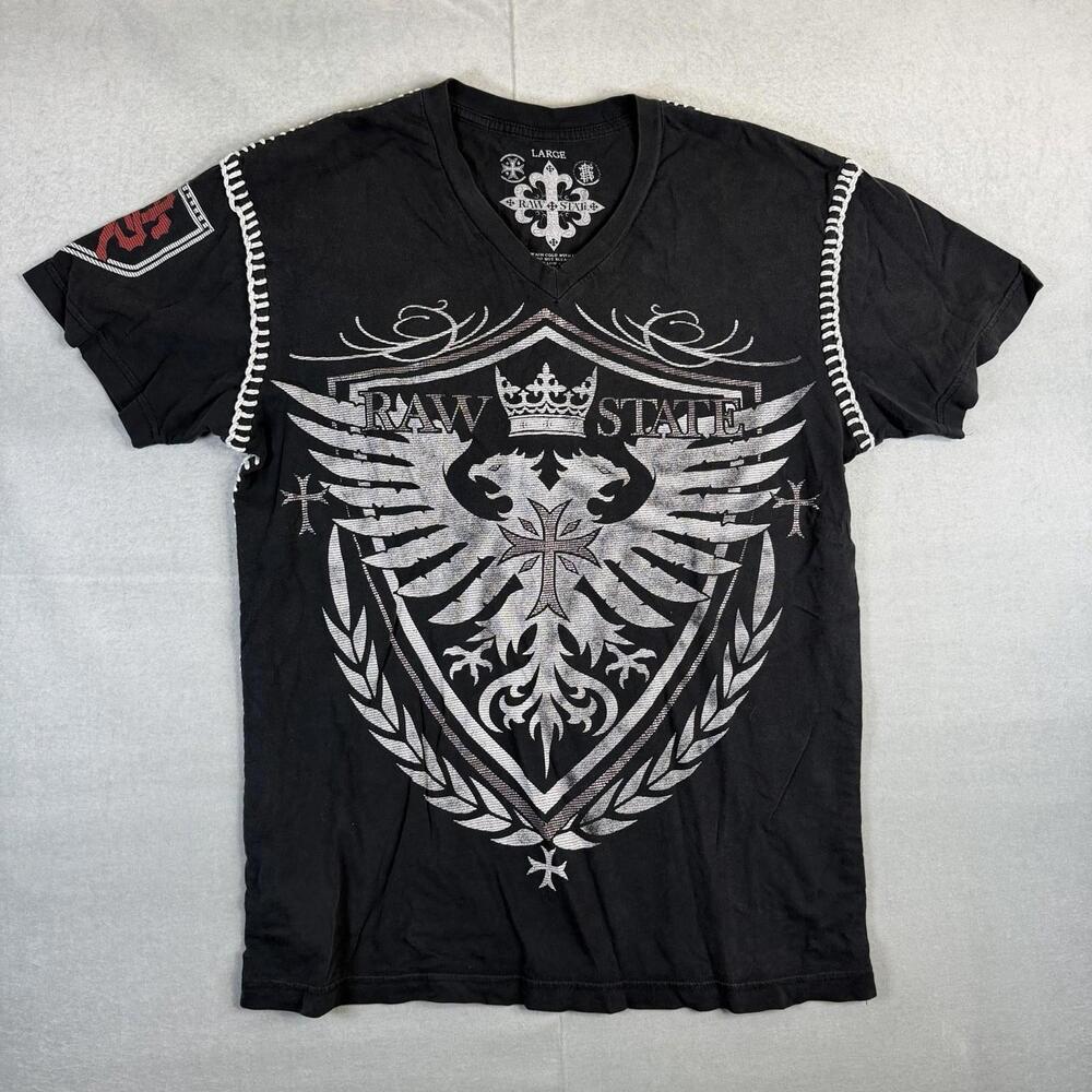 VTG Raw State Redemption T-Shirt Mens Large Black Y2K Affliction Style Grunge
